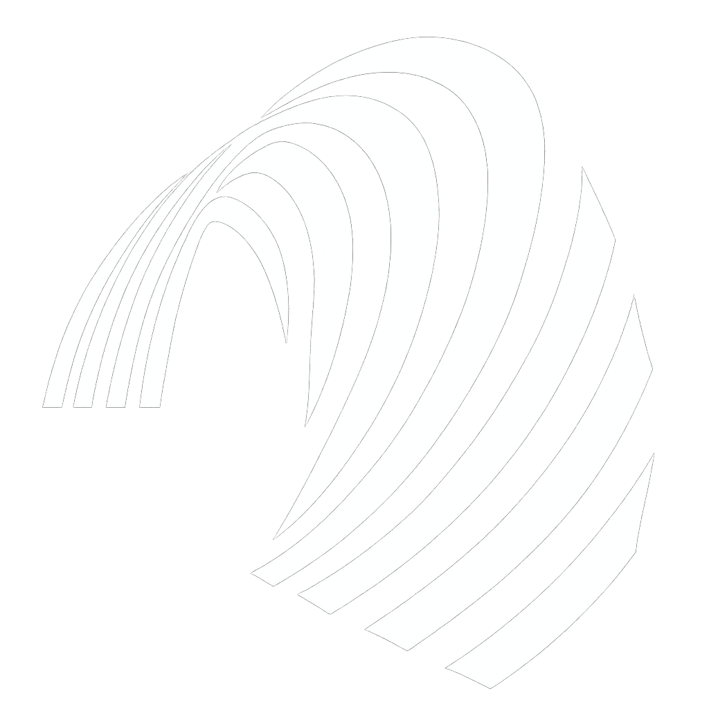 Logotipo abstracto con líneas blancas curvas formando una figura dinámica y moderna. El logotipo no tiene fondo.
